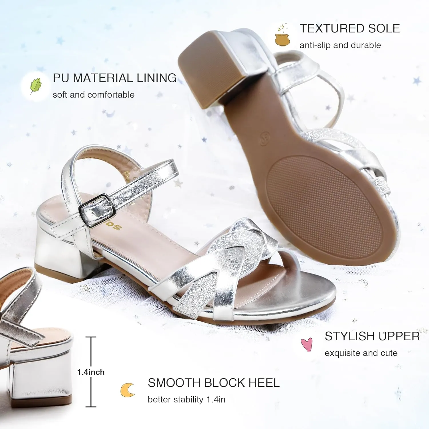 Girls Sandals Low Heels Girl Dress Shoes Open Toe Flower Girl Wedding Party for Toddler Little Big Kid