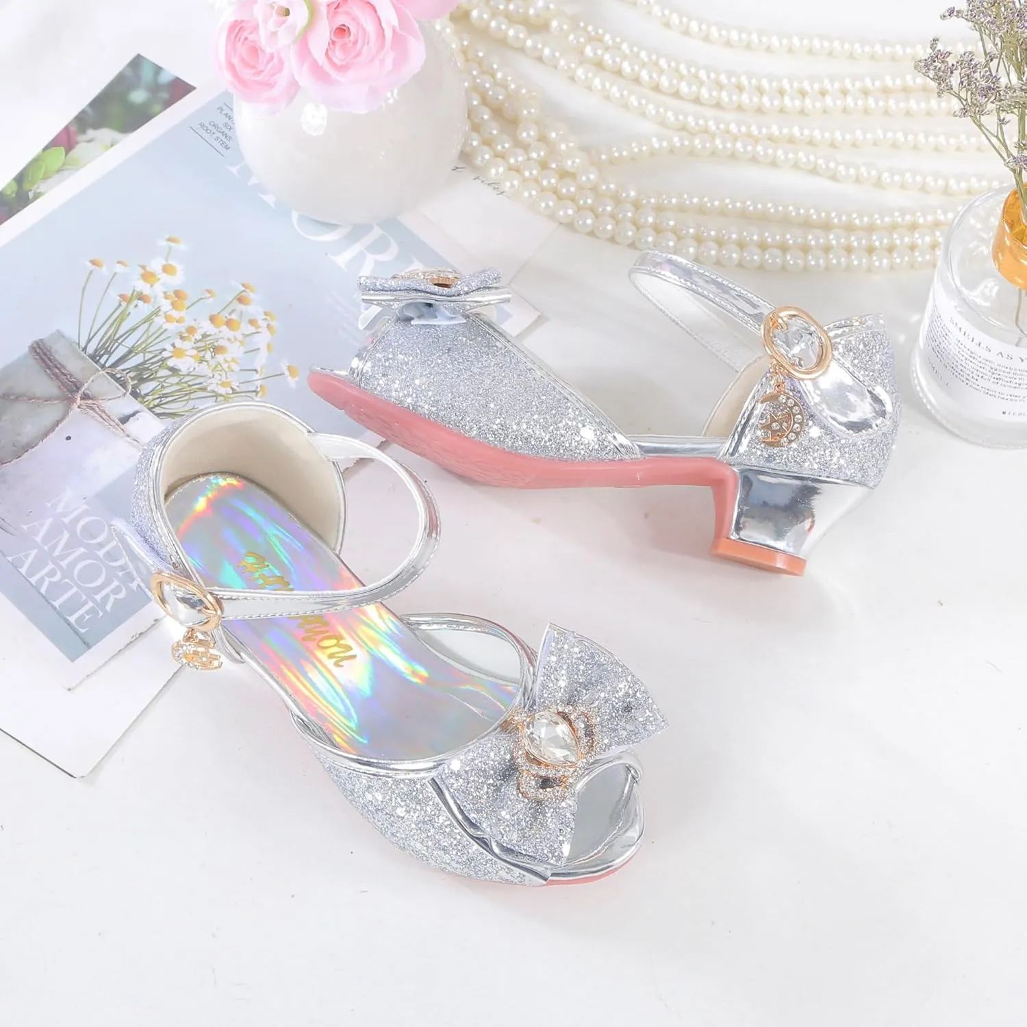 Girls Shoes Sparkle Mary Jane Low Heel Princess Flower Wedding Party Dress Shoes