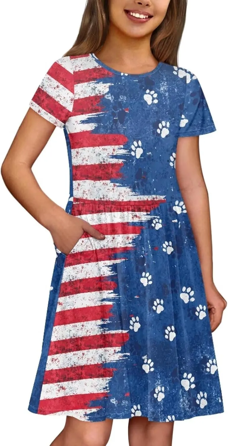 Girls Short Sleeve Dresses with Pockets Cute Dresses for Girls 3-16 Years Old