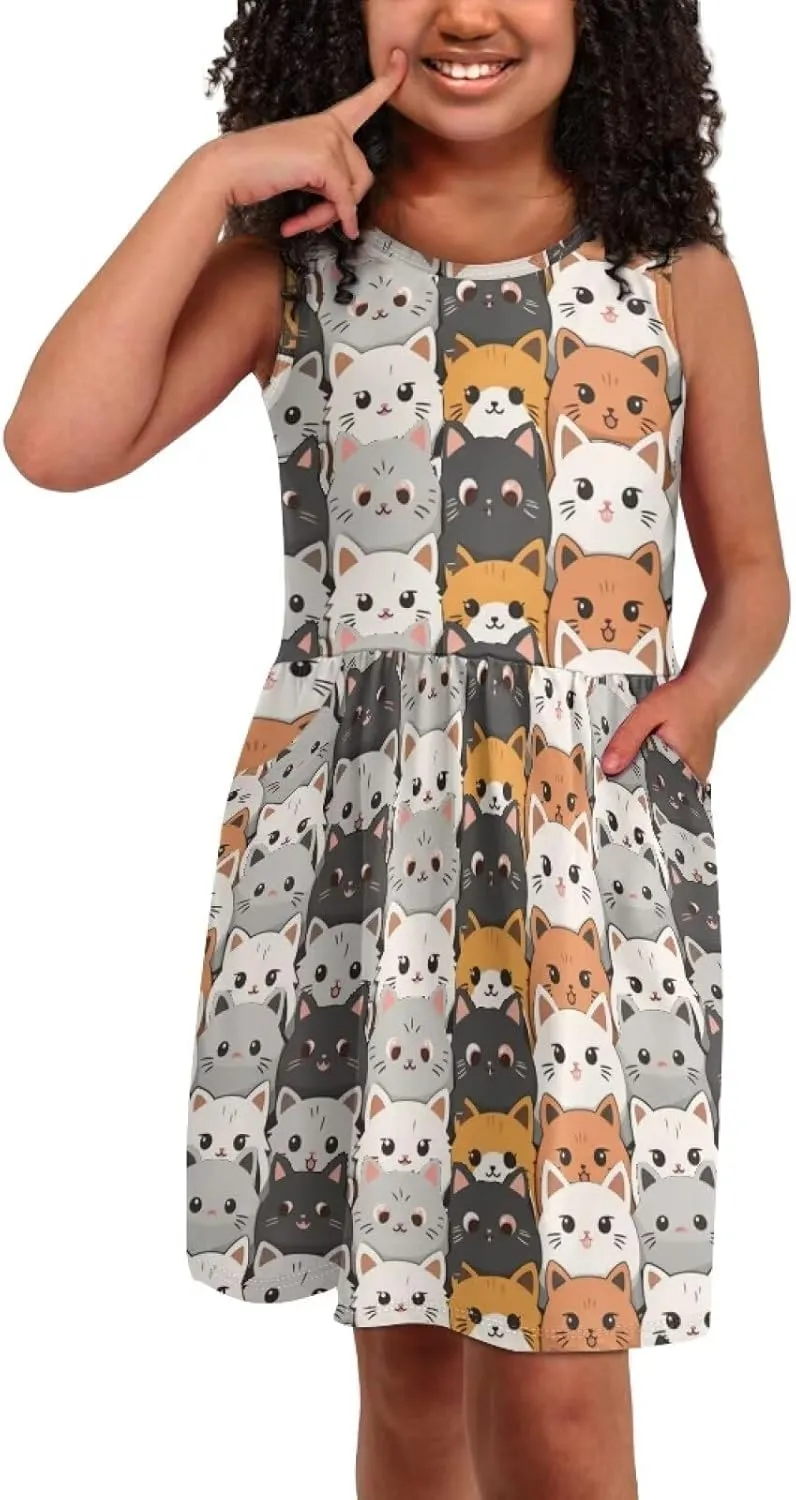 Girls Summer Dress with Pockets Casual Sleeveless Midi Dress for 4-14 Years