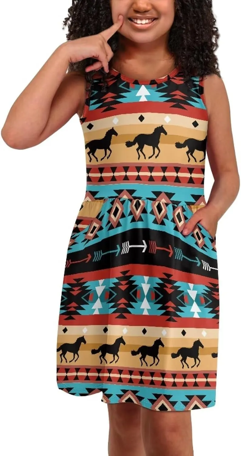 Girls Summer Dress with Pockets Casual Sleeveless Midi Dress for 4-14 Years