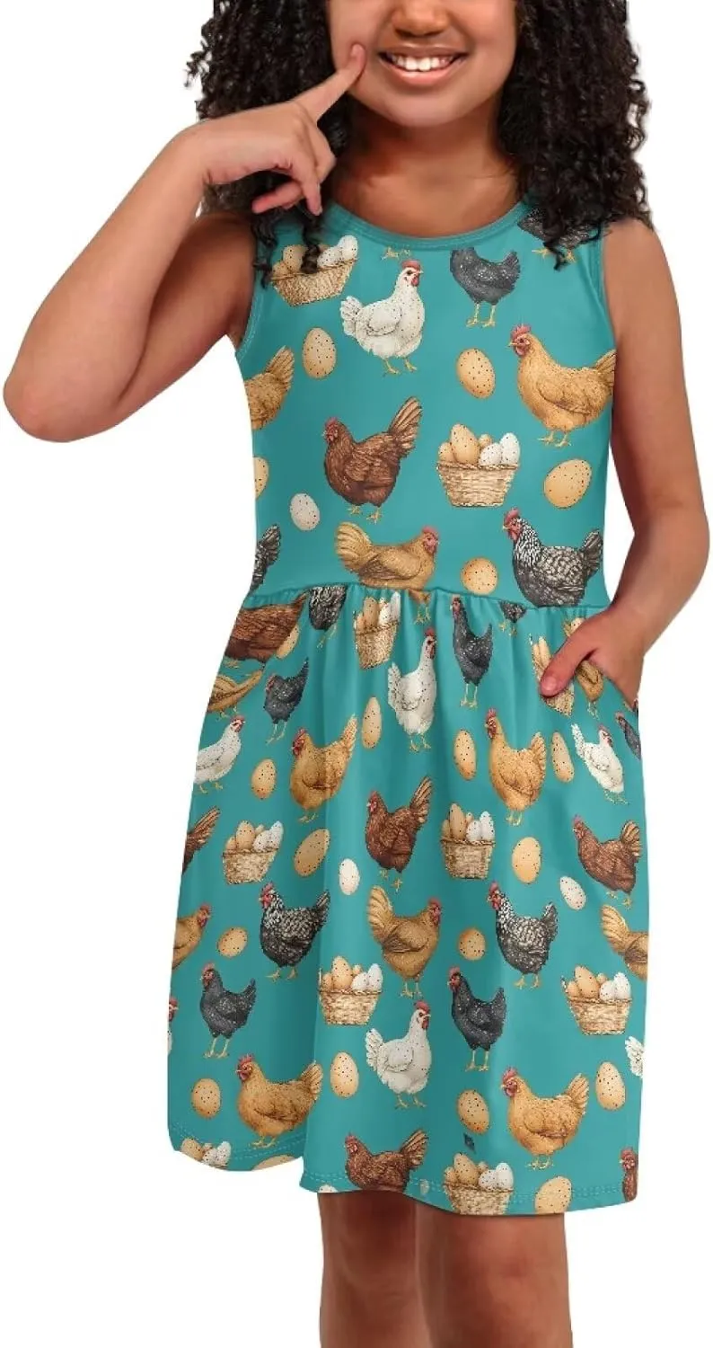 Girls Summer Dress with Pockets Casual Sleeveless Midi Dress for 4-14 Years