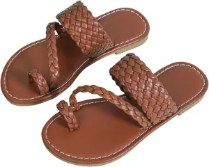 GORGLITTER Girl's Strappy Leather Flats Sandal Cute Braided Dressy Toe Ring Slip on Slide Sandals Brown 4.5
