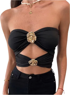 GORGLITTER Women's Flower Decor Cut Out Front Ruched Tube Top Sleeveless Strapless Bandeau