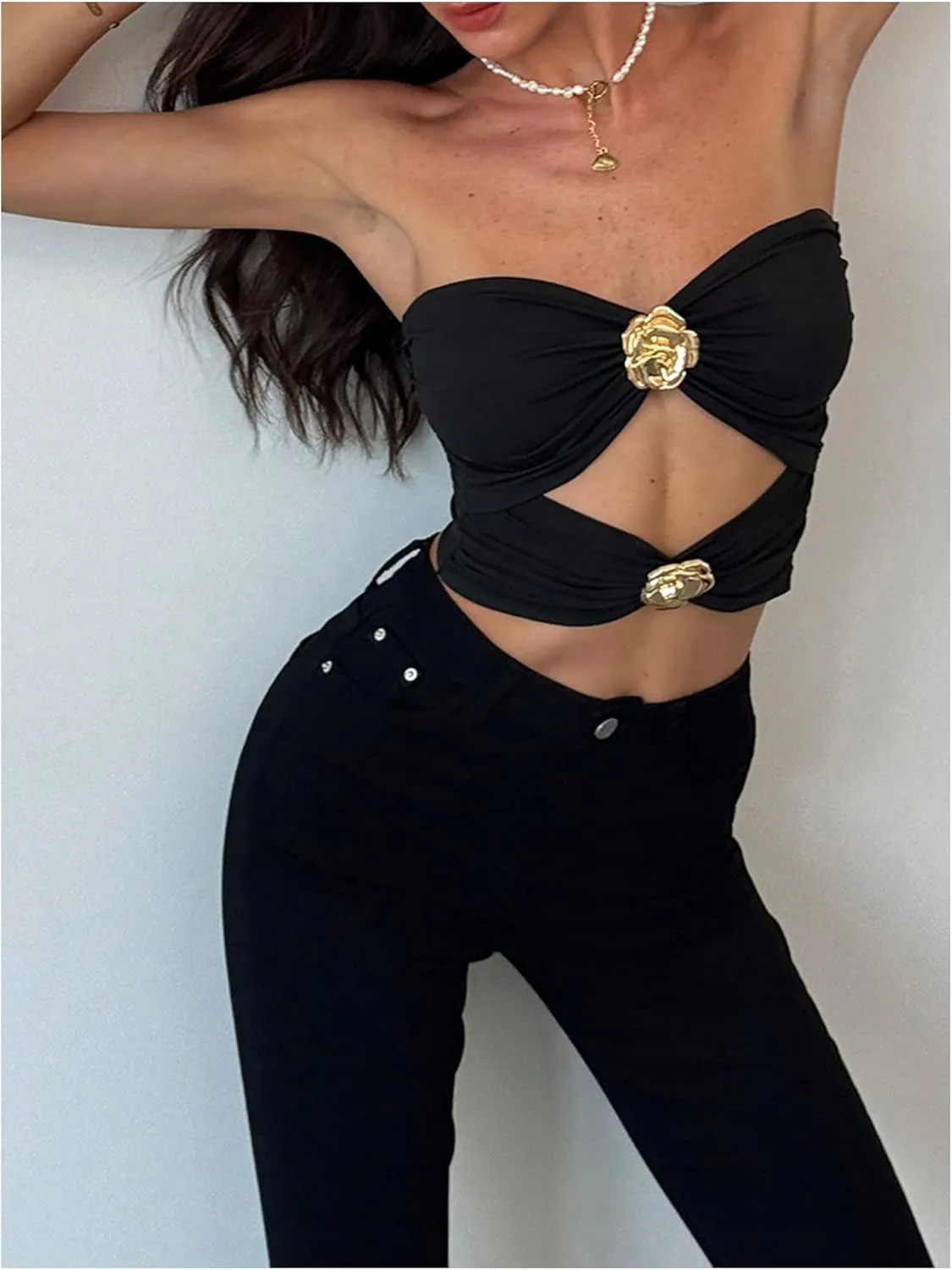 GORGLITTER Women's Flower Decor Cut Out Front Ruched Tube Top Sleeveless Strapless Bandeau
