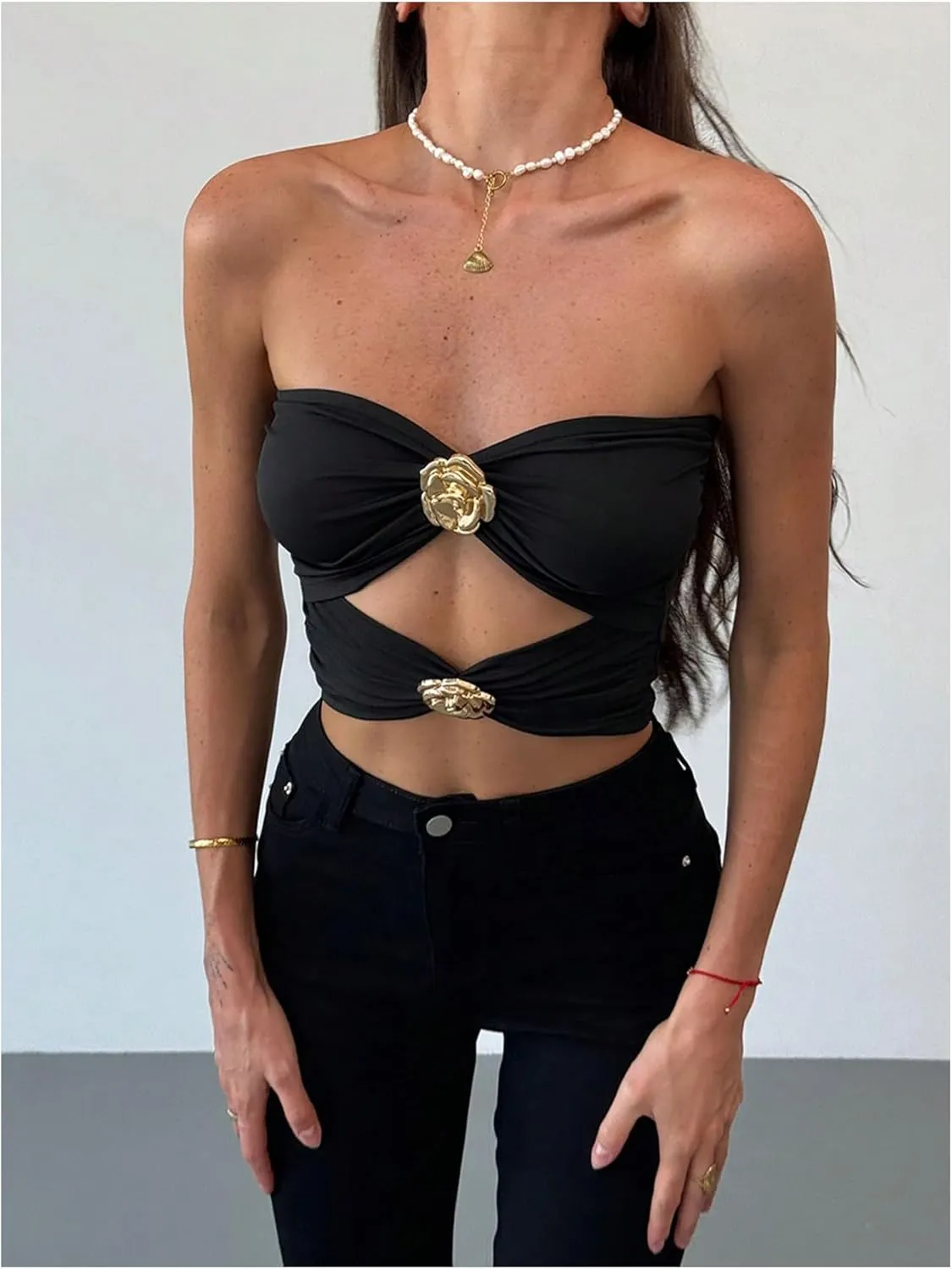 GORGLITTER Women's Flower Decor Cut Out Front Ruched Tube Top Sleeveless Strapless Bandeau
