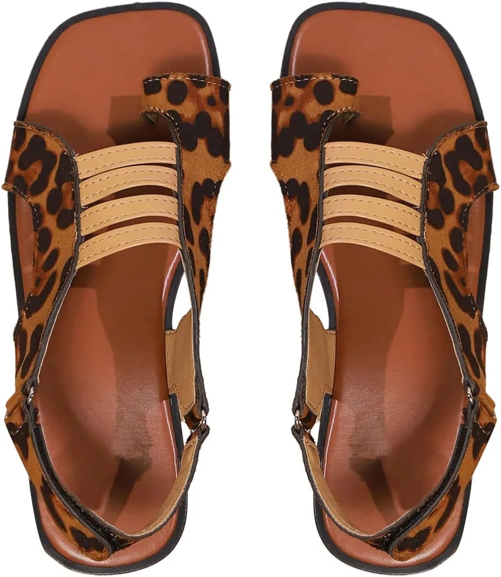 GORGLITTER Women's Leopard Print Toe Ring Flats Sandals Dressy Trendy Cheetah Animal Summer Beach Ankle Strap Sandal