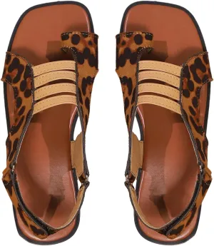 GORGLITTER Women's Leopard Print Toe Ring Flats Sandals Dressy Trendy Cheetah Animal Summer Beach Ankle Strap Sandal