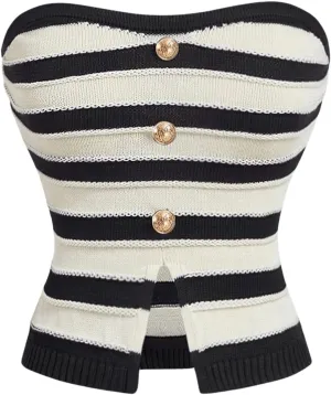 GORGLITTER Women's Strapless Knit Tube Top Slit Hem Sleeveless Button Up Striped Sleeveless Bandeau