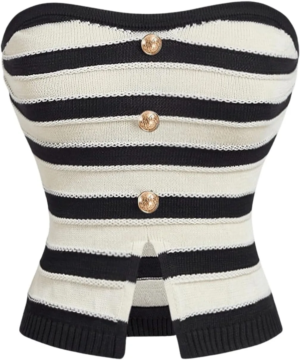GORGLITTER Women's Strapless Knit Tube Top Slit Hem Sleeveless Button Up Striped Sleeveless Bandeau