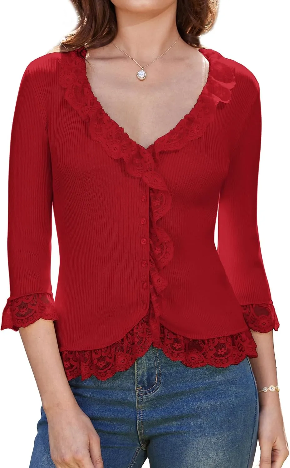 GRACE KARIN Lightweight Cardigan Sweaters for Women 2025 3/4 Sleeve Lace Button Open Front Bolero Shrug