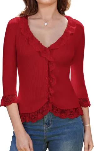 GRACE KARIN Lightweight Cardigan Sweaters for Women 2025 3/4 Sleeve Lace Button Open Front Bolero Shrug
