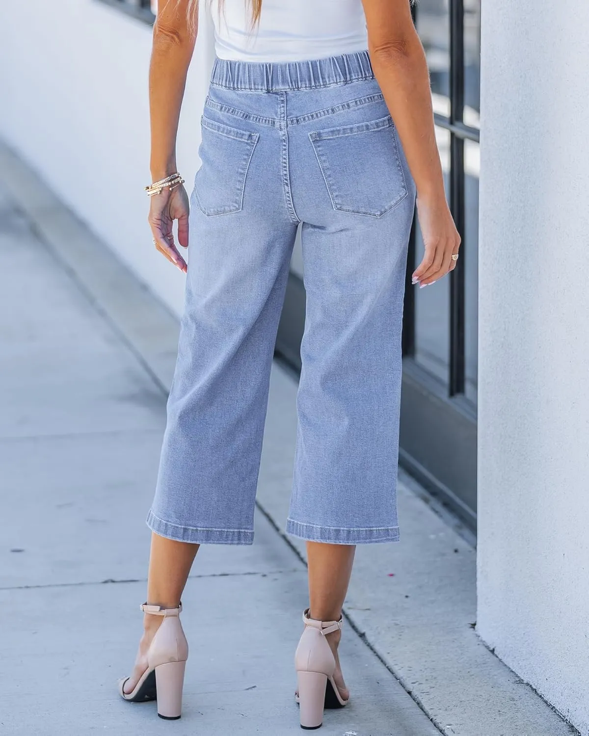 GRAPENT Capri Jeans for Women Wide Leg High Waisted Pull On Trendy Stretchy Denim Elastic Waist Jean Pants with Pockets