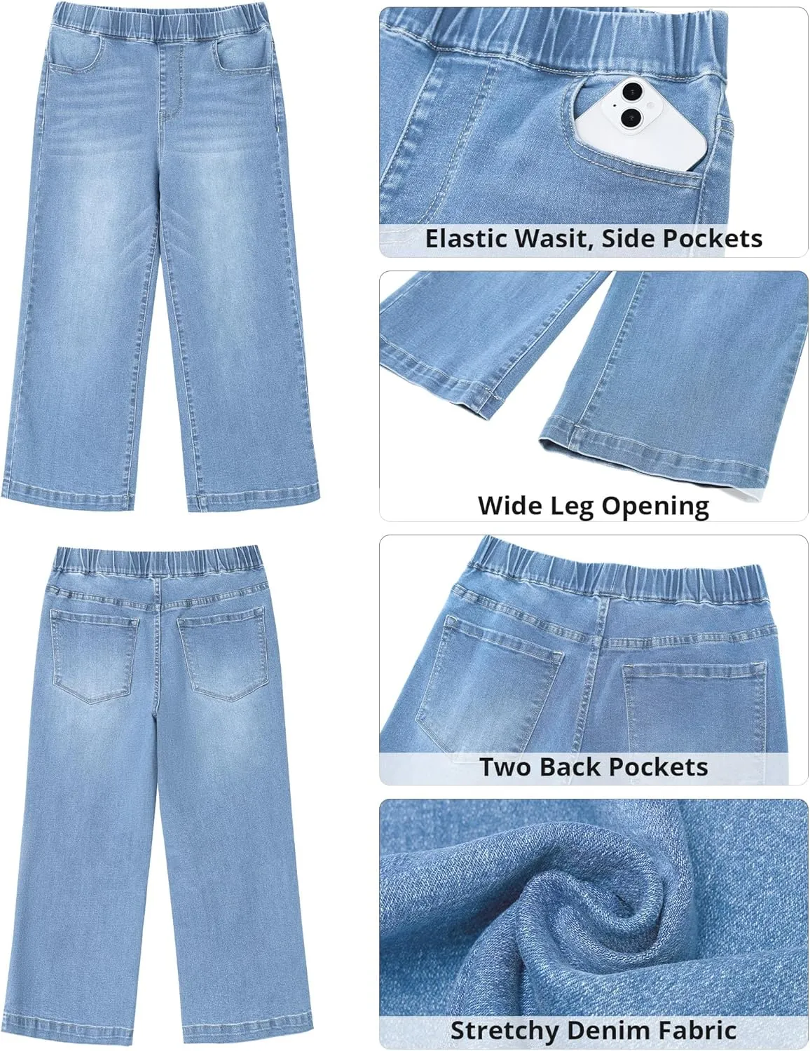 GRAPENT Capri Jeans for Women Wide Leg High Waisted Pull On Trendy Stretchy Denim Elastic Waist Jean Pants with Pockets