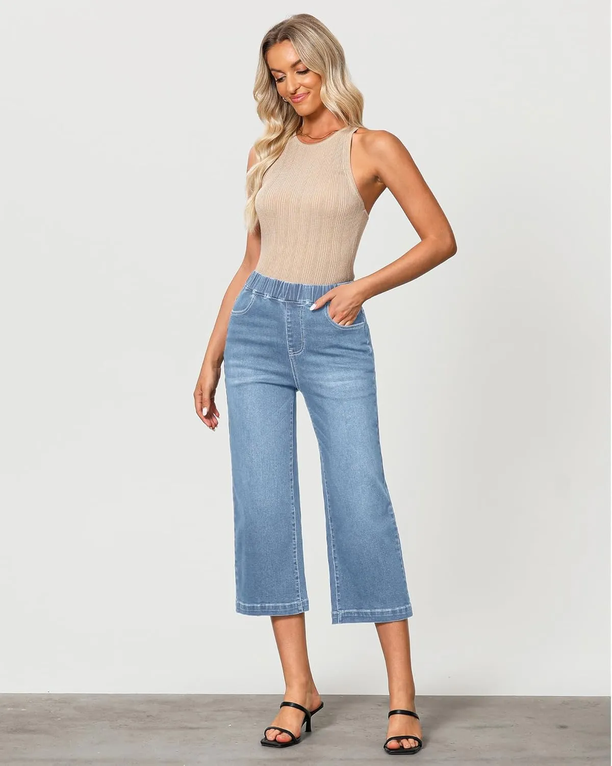 GRAPENT Capri Jeans for Women Wide Leg High Waisted Pull On Trendy Stretchy Denim Elastic Waist Jean Pants with Pockets