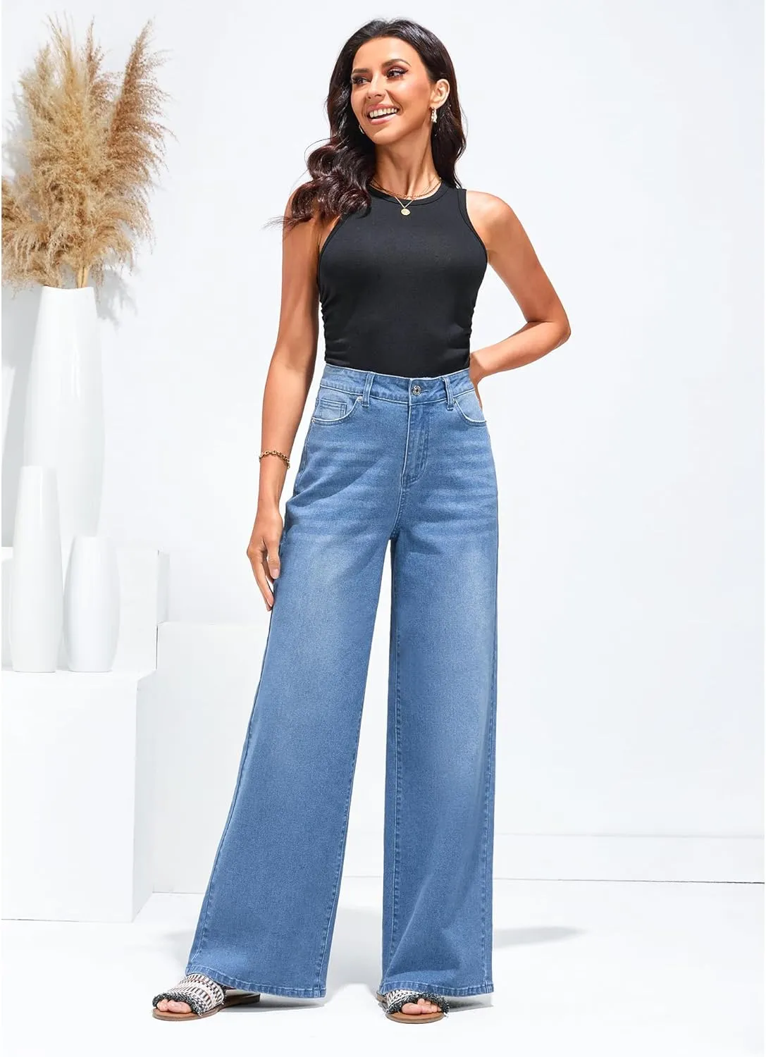 GRAPENT Wide Leg Jeans for Women Trendy High Waisted Stretchy Denim Pants 90s Baggy Jeans Trouser Jeans with Pockets