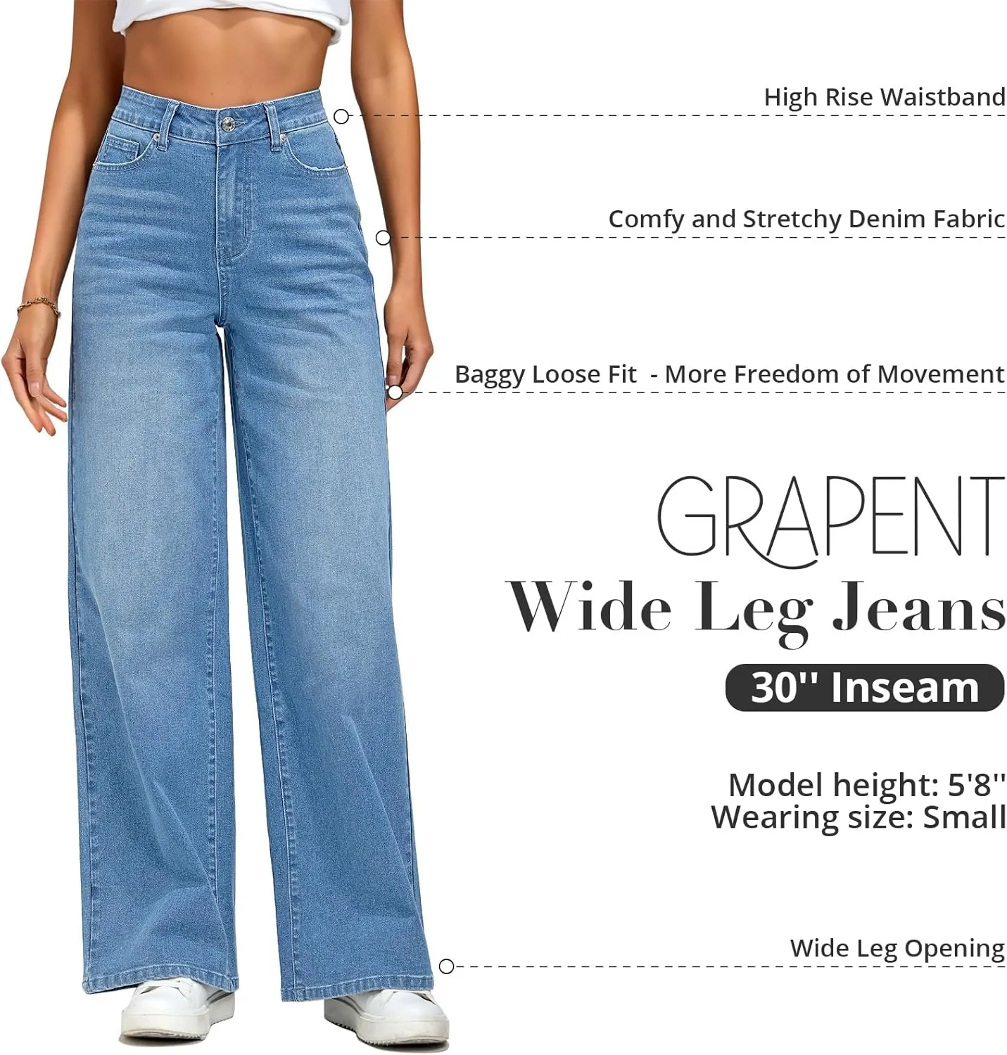 GRAPENT Wide Leg Jeans for Women Trendy High Waisted Stretchy Denim Pants 90s Baggy Jeans Trouser Jeans with Pockets