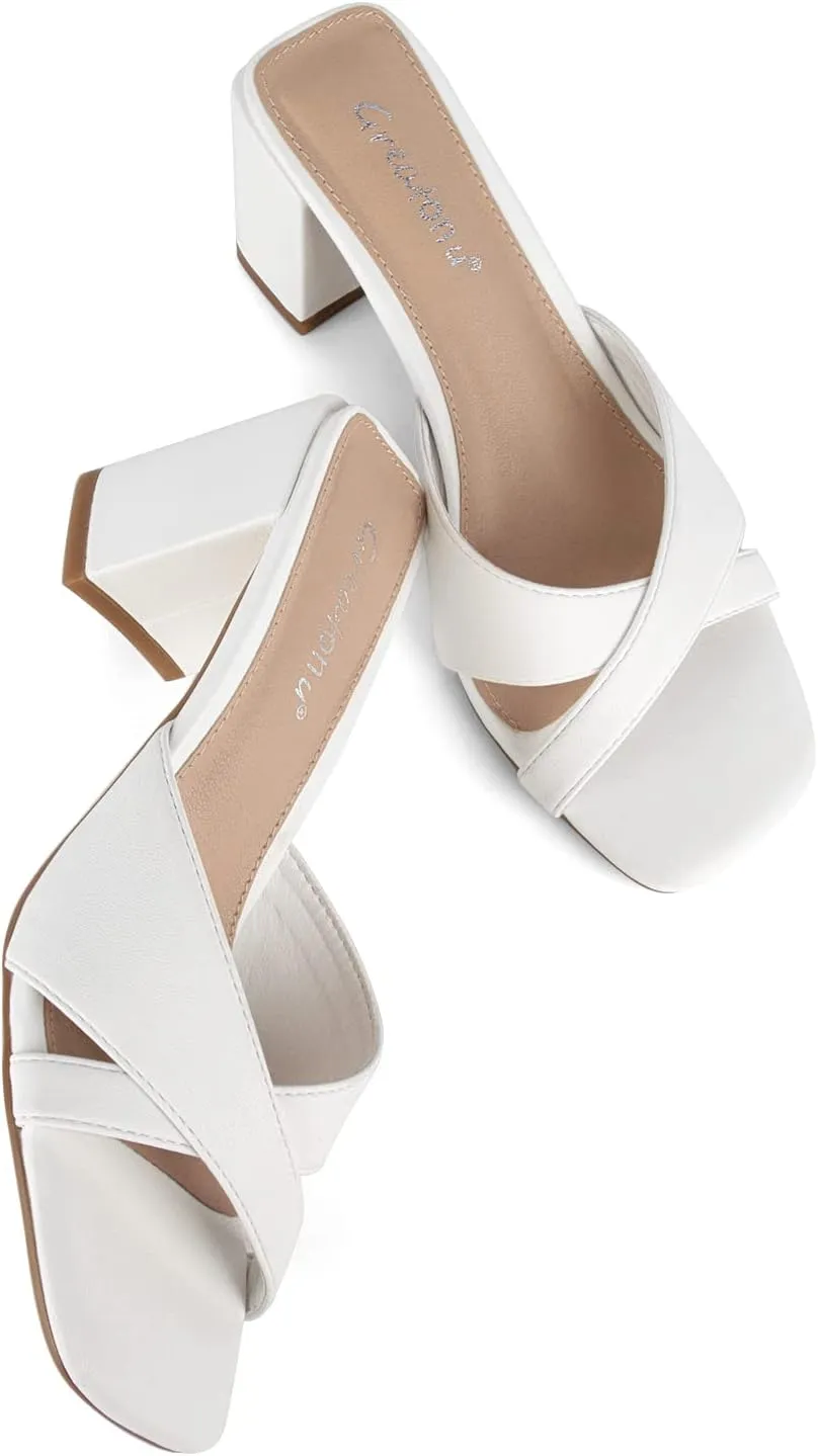 Greatonu Women's Square Toe Summer Heels Mules Cross Strap Slip on 2.5 Inch kitten Heeled Sandals