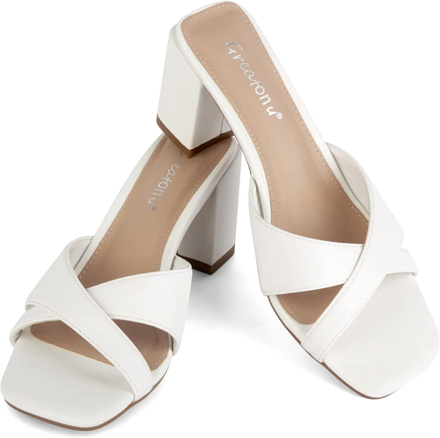 Greatonu Women's Square Toe Summer Heels Mules Cross Strap Slip on 2.5 Inch kitten Heeled Sandals