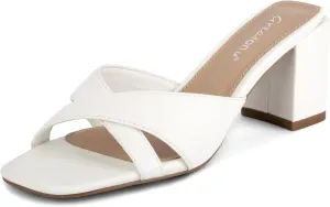 Greatonu Women's Square Toe Summer Heels Mules Cross Strap Slip on 2.5 Inch kitten Heeled Sandals