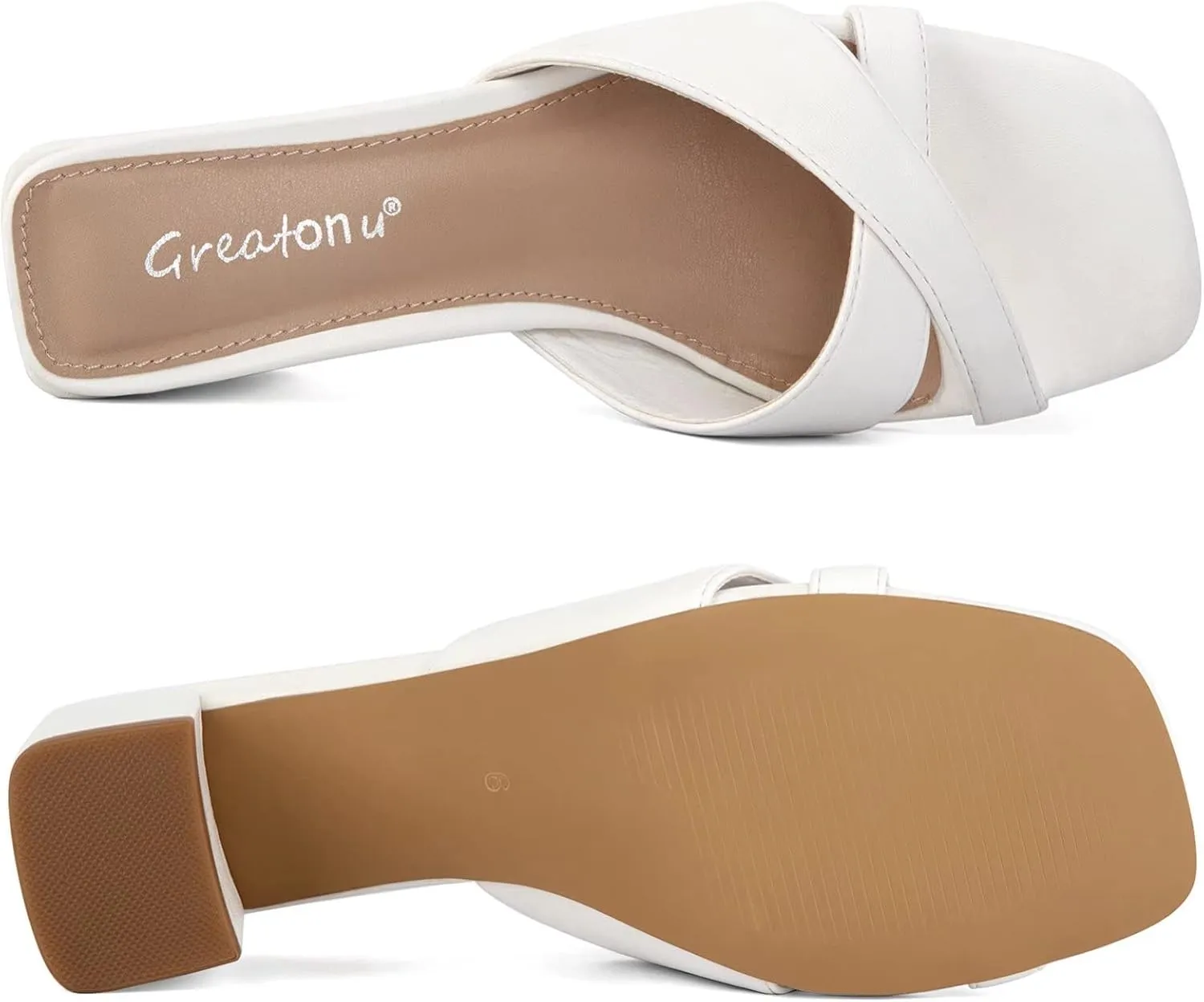 Greatonu Women's Square Toe Summer Heels Mules Cross Strap Slip on 2.5 Inch kitten Heeled Sandals