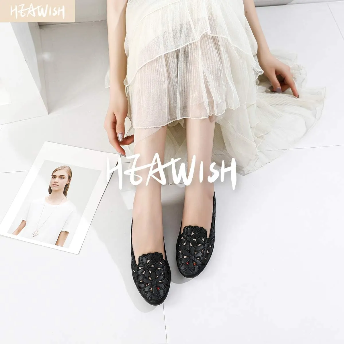 HEAWISH Women's Floral Ballet Flats for Women Black Beige Slip On Flowers PU Leather Round Toe Dress Shoes