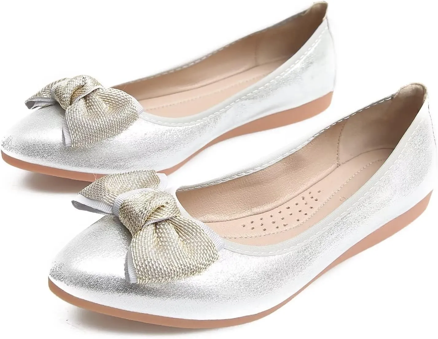 Hee grand Women Foldable Ballet Flats Bling Rhinestones Soft Leather Pointy Toe Flats Sparkle Wedding Dress Shoes Comfort Slip on Loafers Big Size