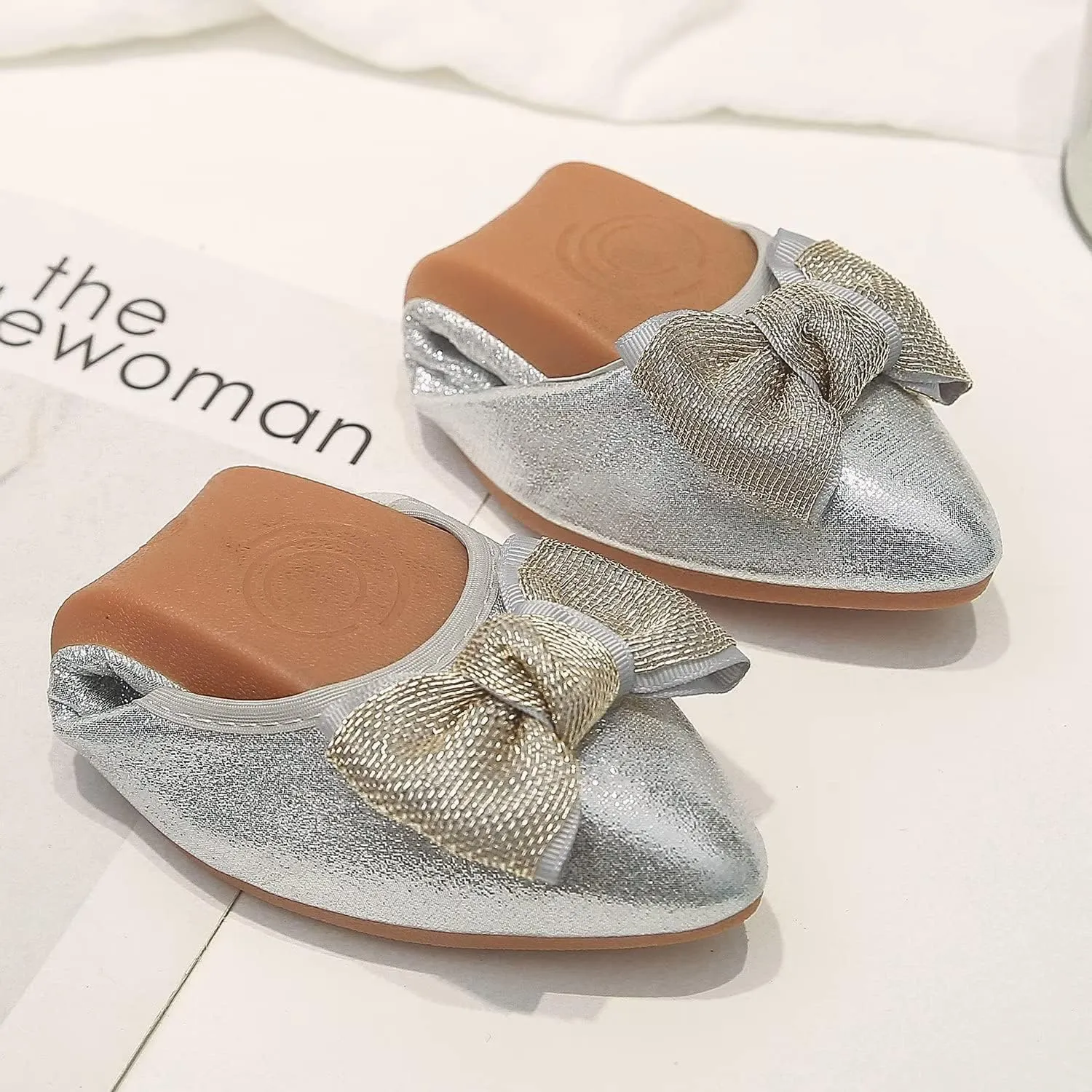 Hee grand Women Foldable Ballet Flats Bling Rhinestones Soft Leather Pointy Toe Flats Sparkle Wedding Dress Shoes Comfort Slip on Loafers Big Size