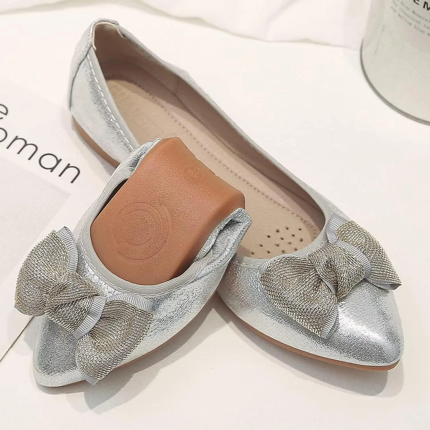 Hee grand Women Foldable Ballet Flats Bling Rhinestones Soft Leather Pointy Toe Flats Sparkle Wedding Dress Shoes Comfort Slip on Loafers Big Size