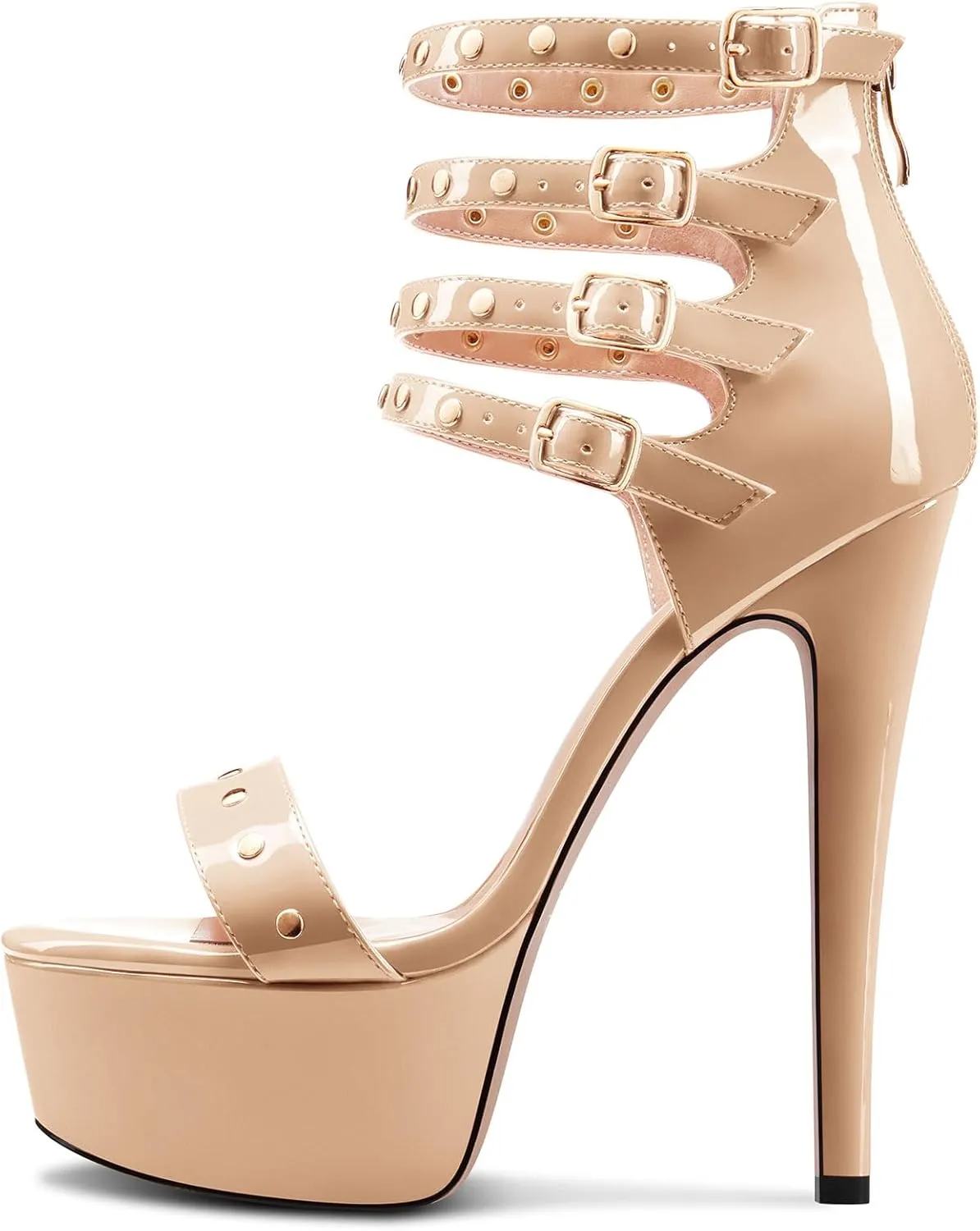 HEUIVZAR Womens Platform Stiletto High Heel Peep Open Toe Sandals Ankle Strap Zipper Buckle Party Gladiator Patent Leather Summer Shoes
