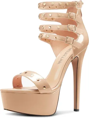 HEUIVZAR Womens Platform Stiletto High Heel Peep Open Toe Sandals Ankle Strap Zipper Buckle Party Gladiator Patent Leather Summer Shoes