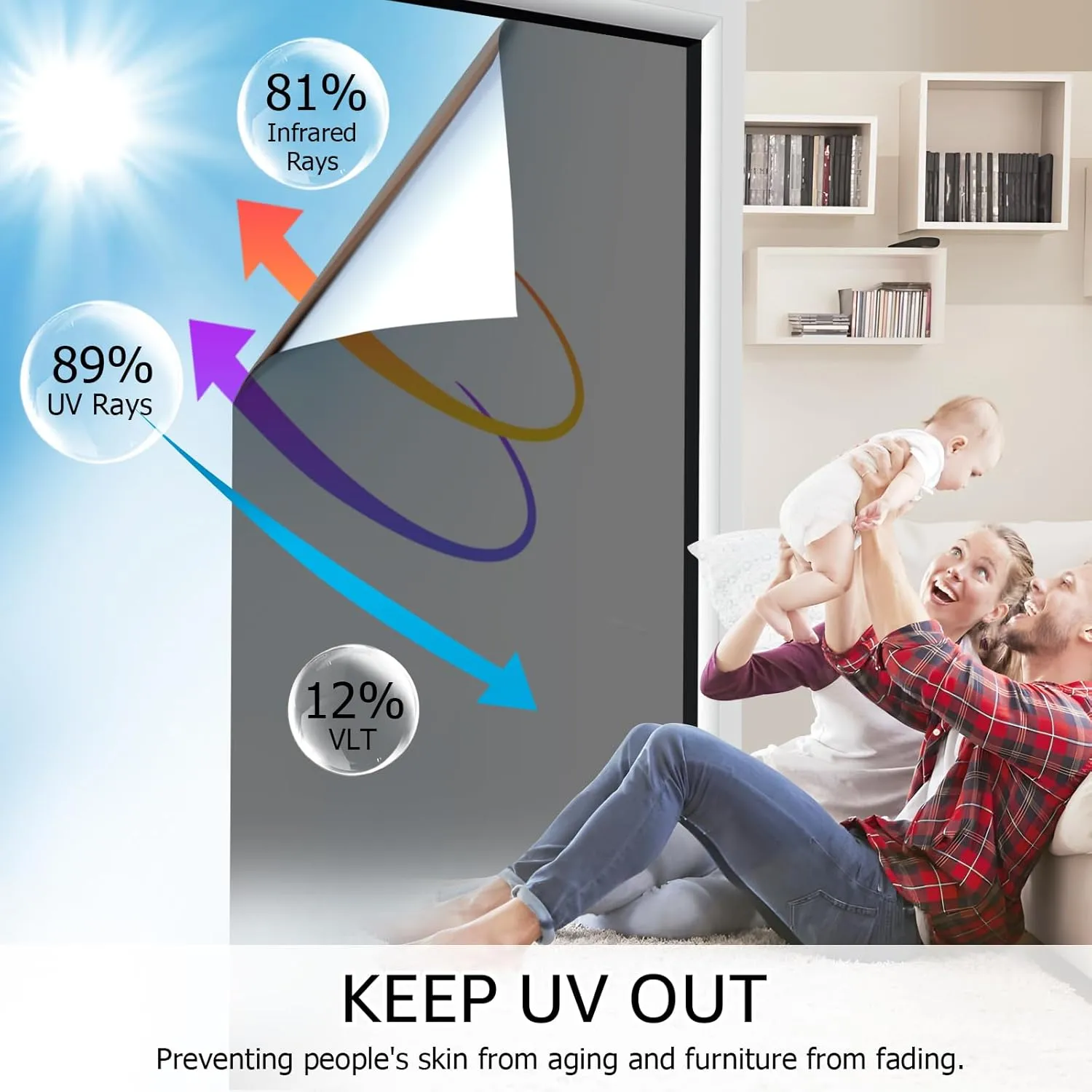 HIDBEA One Way Window Film, Daytime Privacy Sun Blocking Reflective Window Film No Glue Static Cling Heat Control Window Tinting Film for Home and Office, Black Silver, 35.4 x 196.8 Inch
