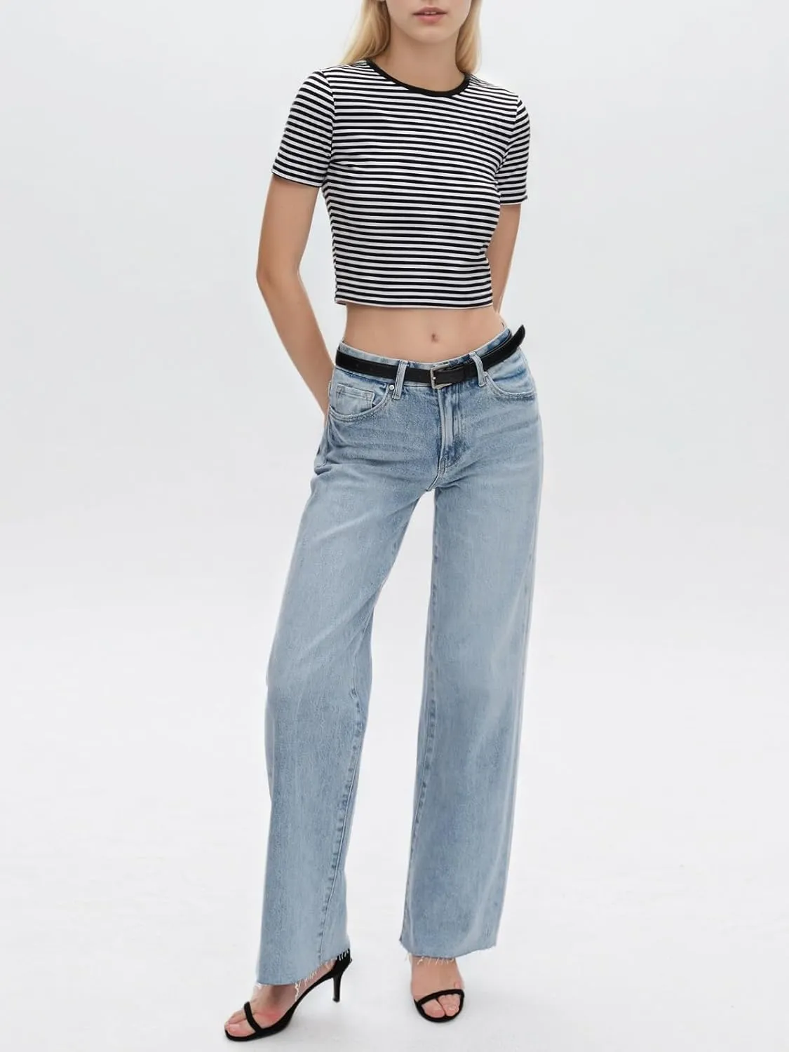 High Waist Stretchy Wide Leg Jeans for Women Basic Straight Denim Pants Raw Hem Underwear Trouser