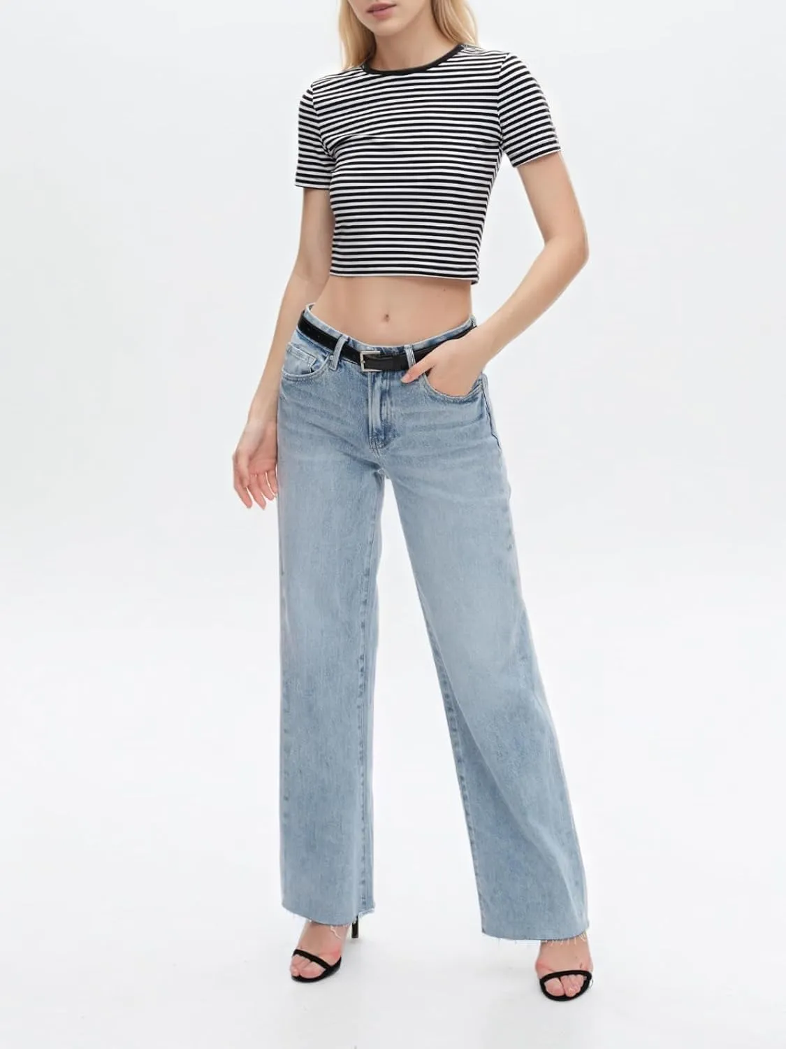 High Waist Stretchy Wide Leg Jeans for Women Basic Straight Denim Pants Raw Hem Underwear Trouser