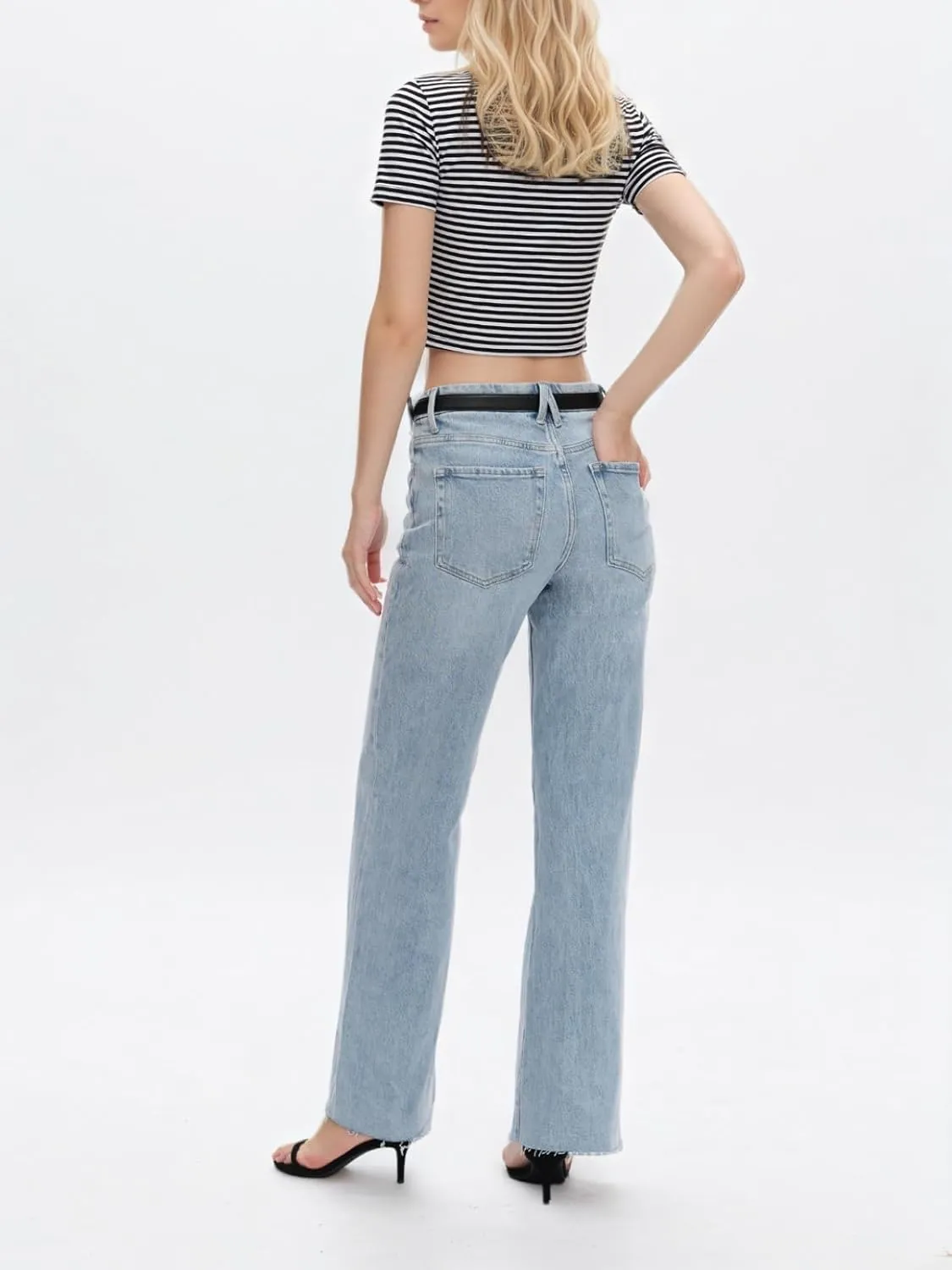 High Waist Stretchy Wide Leg Jeans for Women Basic Straight Denim Pants Raw Hem Underwear Trouser