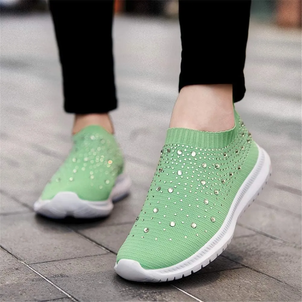 HINDOLA Women's Mesh Walking Shoes Rhinestone Glitter Slip On Ballroom Jazz Latin Dance Sock Sneakers Casual Shoes