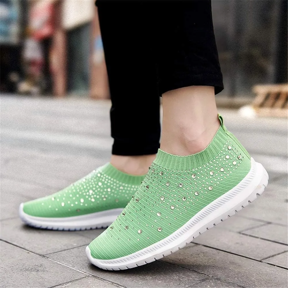 HINDOLA Women's Mesh Walking Shoes Rhinestone Glitter Slip On Ballroom Jazz Latin Dance Sock Sneakers Casual Shoes