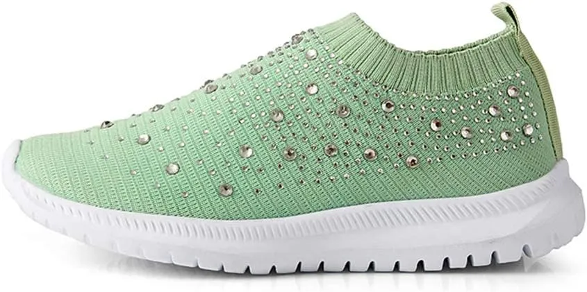 HINDOLA Women's Mesh Walking Shoes Rhinestone Glitter Slip On Ballroom Jazz Latin Dance Sock Sneakers Casual Shoes