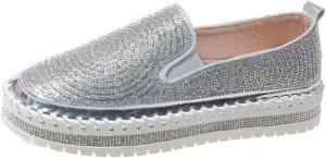 HINDOLA Women's Platform Rhinestone Glitter Sneaker Fashion Slip-On Sparkle Bling Flat Loafers Casual Walking Dress Shoes Silver