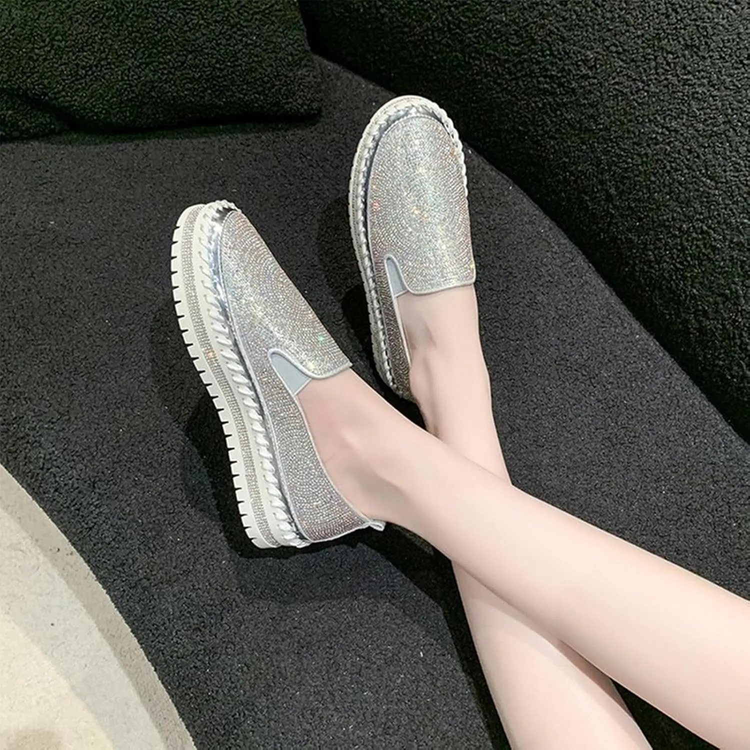 HINDOLA Women's Platform Rhinestone Glitter Sneaker Fashion Slip-On Sparkle Bling Flat Loafers Casual Walking Dress Shoes Silver