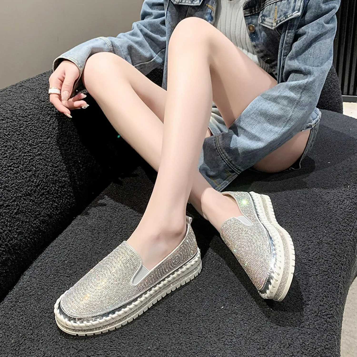 HINDOLA Women's Platform Rhinestone Glitter Sneaker Fashion Slip-On Sparkle Bling Flat Loafers Casual Walking Dress Shoes Silver
