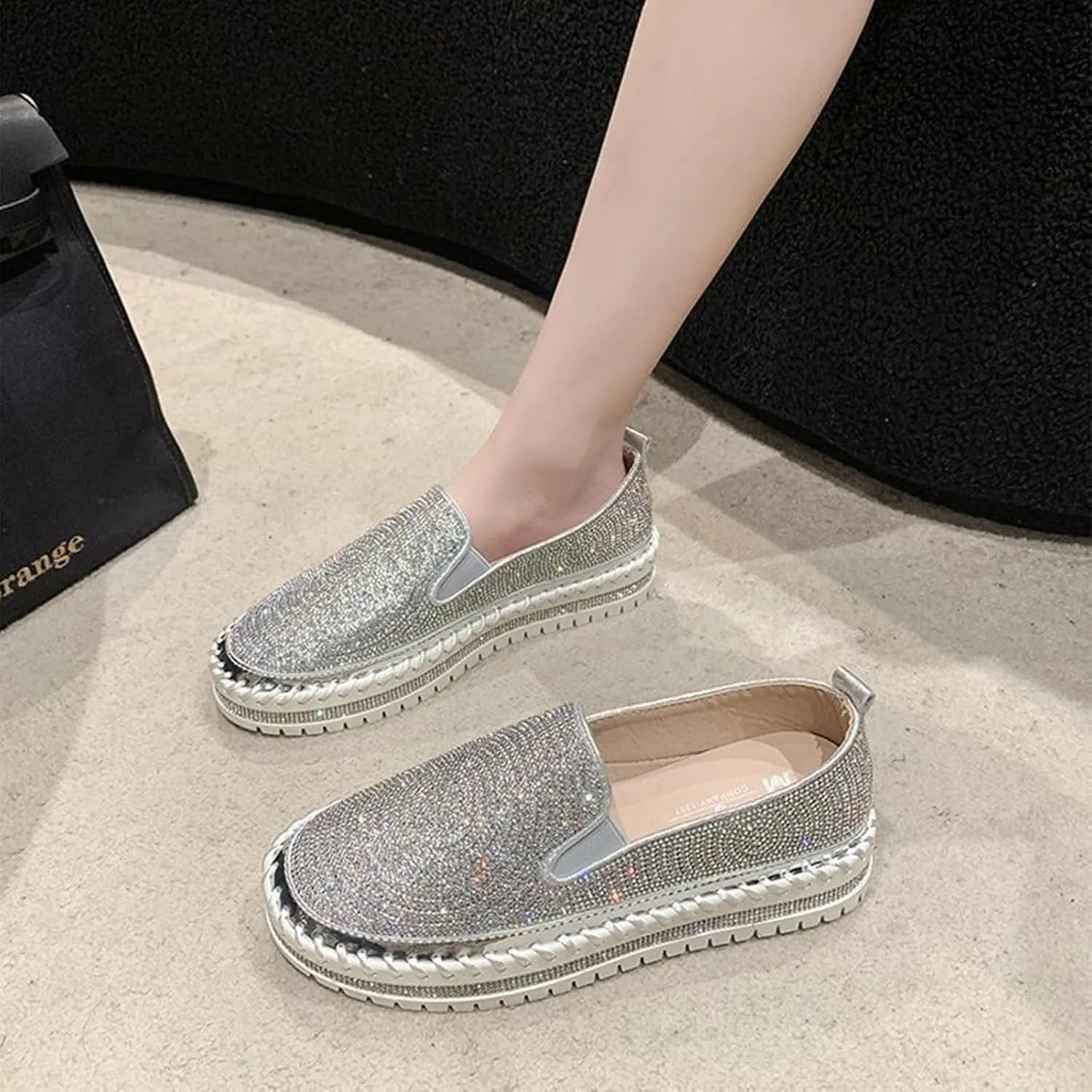 HINDOLA Women's Platform Rhinestone Glitter Sneaker Fashion Slip-On Sparkle Bling Flat Loafers Casual Walking Dress Shoes Silver
