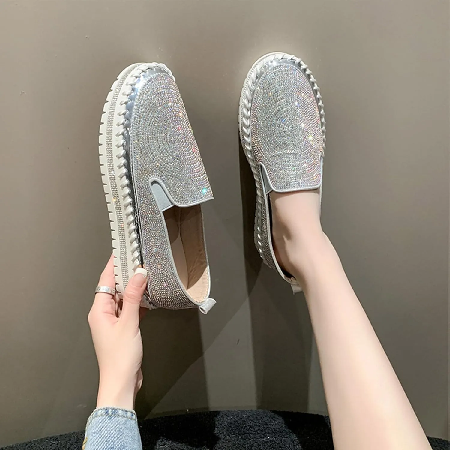 HINDOLA Women's Platform Rhinestone Glitter Sneaker Fashion Slip-On Sparkle Bling Flat Loafers Casual Walking Dress Shoes Silver