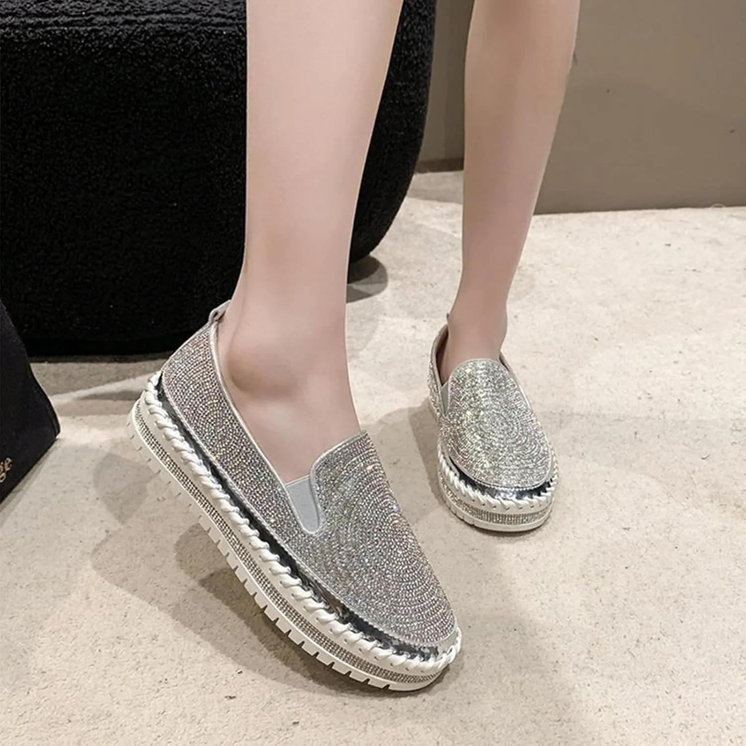 HINDOLA Women's Platform Rhinestone Glitter Sneaker Fashion Slip-On Sparkle Bling Flat Loafers Casual Walking Dress Shoes Silver