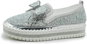 HINDOLA Women's Platform Rhinestones Glitter Sneaker Cute Bow Slip On Comfort Sequin Shiny Flat Loafers Casual Walking Shoes