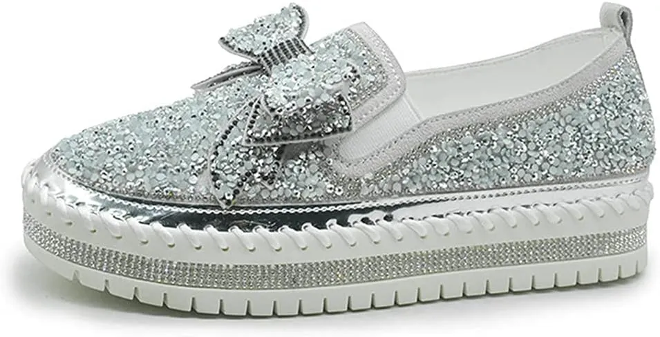 HINDOLA Women's Platform Rhinestones Glitter Sneaker Cute Bow Slip On Comfort Sequin Shiny Flat Loafers Casual Walking Shoes