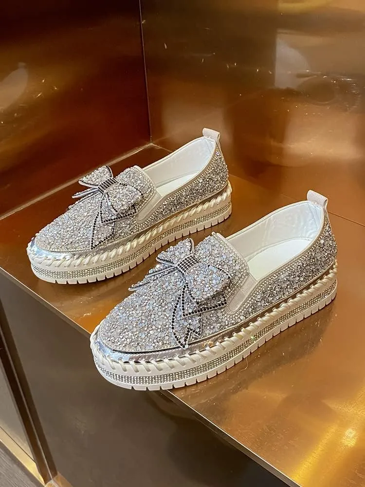 HINDOLA Women's Platform Rhinestones Glitter Sneaker Cute Bow Slip On Comfort Sequin Shiny Flat Loafers Casual Walking Shoes