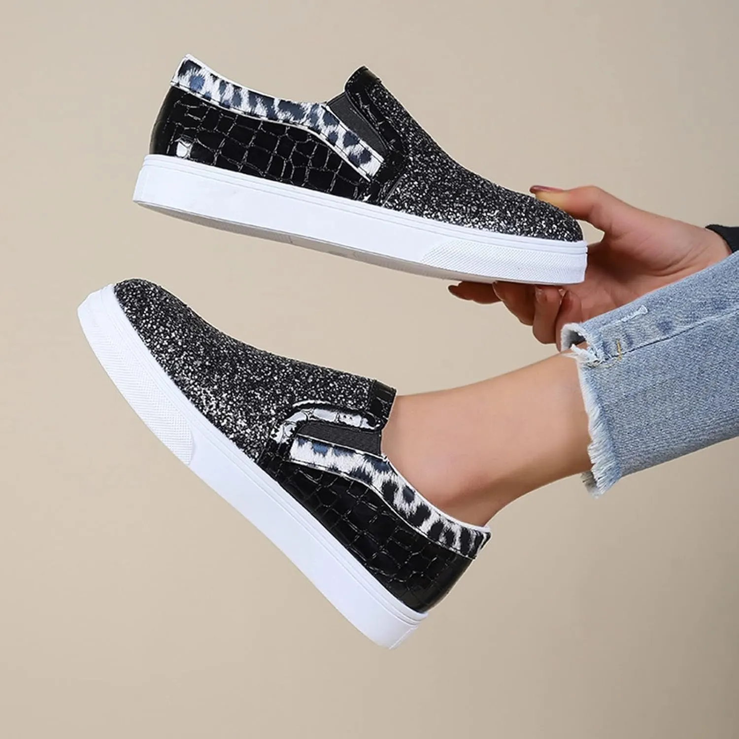 HINDOLA Women's Rhinestone Sneaker Glitter Fashion Platform Slip On Sparkle Bling Flat Loafers Casual Non-Slip Walking Dress Shiny Sequin Shoes Black