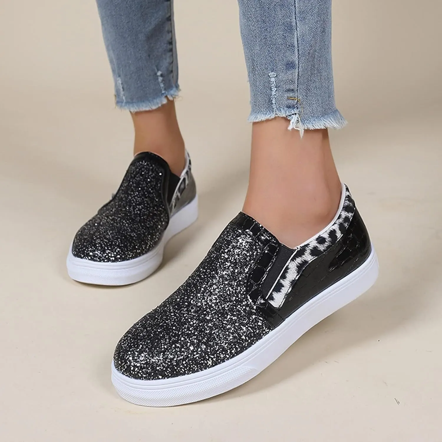 HINDOLA Women's Rhinestone Sneaker Glitter Fashion Platform Slip On Sparkle Bling Flat Loafers Casual Non-Slip Walking Dress Shiny Sequin Shoes Black