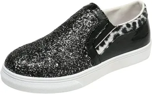 HINDOLA Women's Rhinestone Sneaker Glitter Fashion Platform Slip On Sparkle Bling Flat Loafers Casual Non-Slip Walking Dress Shiny Sequin Shoes Black